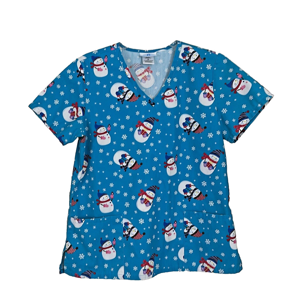 SB Scrub Top Womens Medium Blue Snowman